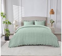 Lions Sage Green Seersucker Bedding Set - Double Duvet Cover Set with Matching Pillowcase, 100% Polyester Soft Microfibre Frills Waffle Quilt Covers, 200x200cm
