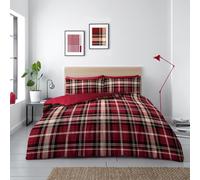Lions Tartan Check Duvet Cover Set - 100% Polyester - Reversible Double Bedding Bed with Matching Pillowcase, Easy Care Stylish Printed Quit Covers, Red Plaid, 200x200cm