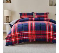 Lions Tartan Check Duvet Cover Set - 100% Polyester - Reversible Double Bedding Bed with Matching Pillowcase, Stylish Plaid Quit Covers, Blue Red, 200x200cm