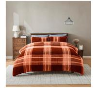 Lions Teddy Bear Bedding - Thermal Reversible Fleece Check Double Bed Duvet Cover Set with Pillowcase, Warm Cosy Quilt Covers, Terracotta, 200x200cm