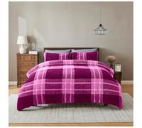 Lions Teddy Bear Bedding - Thermal Reversible Fleece Check Double Bed Duvet Cover Set with Pillowcase, Warm Cosy Quilt Covers, Mulberry, 200x200cm