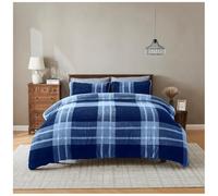 Lions Teddy Bear Bedding - Thermal Reversible Fleece Check Double Bed Duvet Cover Set with Pillowcase, Warm Cosy Quilt Covers, Navy Blue, 200x200cm