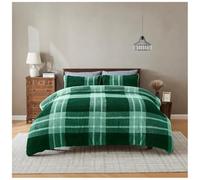 Lions Teddy Bear Bedding - Thermal Reversible Fleece Check Double Bed Duvet Cover Set with Pillowcase, Warm Cosy Quilt Covers, Dark Green, 200x200cm