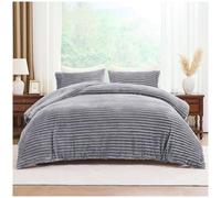 Lions Teddy Fleece Bedding Set - Thermal Ribbed Double Bed Duvet Cover with Matching Pillowcase, 100% Polyeser Warm Cosy Winter Quilt Covers, Grey Silver, 200x200cm