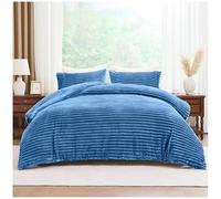 Lions Teddy Fleece Bedding Set - Thermal Ribbed Double Bed Duvet Cover with Matching Pillowcase, 100% Polyeser Warm Cosy Winter Quilt Covers, Denim Blue, 200x200cm