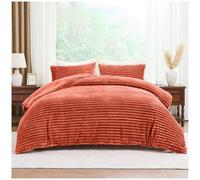 Lions Teddy Fleece Bedding Set - Thermal Ribbed King Size Duvet Cover with Matching Pillowcase, 100% Polyeser Warm Cosy Winter Quilt Covers, Rust Orange, 230x220cm