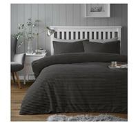 Lions Teddy Fleece Bedding - Ultra Soft Fluffy Double Bed Duvet Cover Set with Pillowcase, Cuddly Thermal Warm Plain Quilt Covers, Chunky Rib, Charcoal, 200x200cm