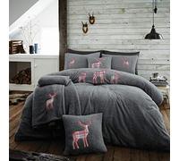 Lions Teddy Fleece Bedding - Ultra Soft Fluffy Single Duvet Cover Set with Pillowcase, Cuddly Thermal Warm Plain Quilt Covers, Emb Stag, Charcoal, 137x200cm