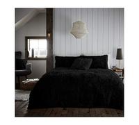 Lions Teddy Fleece Duvet Cover Set with Pillow Case, Hug Snug Shaggy Quilt Bedding, Warm and Cosy, Super Soft, Black, King Size, 230x220cm