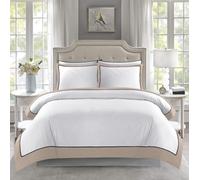 Lions White Bedding Set - 3 PC Double Bed Duvet Cover Sets with 2 Matching Pillowcase, Poly Cotton Soft Breathable Hotel Quality Quilt Covers, Border Striped Pattern, Latte, 200x200cm