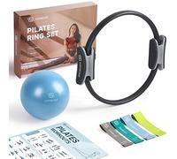LIONSCOOL Pilates Ring Set - 14" Anti-Deformation Magic Circle with Padded Handles, 9" Mini Ball, Elastic Latex Resistance Bands, Guide & Bag (Black)