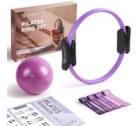 LIONSCOOL Pilates Ring Set - 14" Anti-Deformation Magic Circle with Padded Handles, 9" Mini Ball, Elastic Latex Resistance Bands, Guide & Bag (Purple)