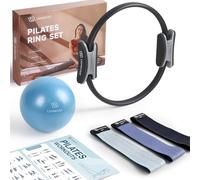 LIONSCOOL Pilates Ring Set - 14" Anti-Deformation Magic Circle with Padded Handles, 9" Mini Ball, Non-Slip Fabric Resistance Bands, Guide & Bag (Black, Deep Dive)