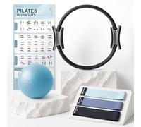 LIONSCOOL Pilates Ring Set - 14" Anti-Deformation Magic Circle with Padded Handles, 9" Mini Ball, Non-Slip Fabric Resistance Bands, Guide & Bag (Black, Deep Dive)