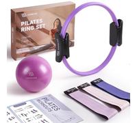 LIONSCOOL Pilates Ring Set - 14" Anti-Deformation Magic Circle with Padded Handles, 9" Mini Ball, Non-Slip Fabric Resistance Bands, Guide & Bag (Lilac Frost, Deep Dive)