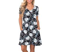 lionstill Women's Casual T Shirt Dress Summer Short Sleeve Swing Dresses with Pockets, White Lily, S