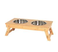 lionto Height-adjustable dog bowl made of robust bamboo, 45 x 23 cm, height 14.5-18.5 cm, double feeding bowl for dogs and cats, 2 dishwasher-safe stainless steel bowls, diameter 15 cm and each 700 ml