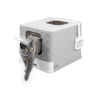 lionto Cat Litter Tray with Drawer & Shovel, 50.5 x 40.8 x 37 cm, Cat Litter Tray with 2 Outlets & Leak-Proof Base, for Cats up to 15 kg, Foldable, Durable PP Material, White/Grey