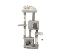 lionto Cat Scratching Post with 2 Plush Balls Including Bells, Height 115 cm, Cat Tree with Sisal Rope & Soft Plush, Cosy Lying Surface & Caves, Suitable for Small and Large Cats, Light Grey