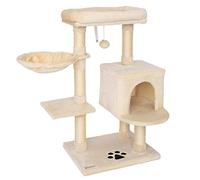 lionto Cat Scratching Post with Plush Ball Including Bell & Wall Bracket, Height 93 cm, Cat Tree with Sisal & Plush, Cosy Lying Surface & Caves, Suitable for Small and Large Cats, Beige