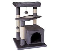 lionto Cat Tree with Cave, Bed, 2 Play Balls, 75 cm, Dark Grey | Cat Tower with large platform, cosy cave and plenty of sisal for climbing, playing, hiding and claw care, for indoor cats