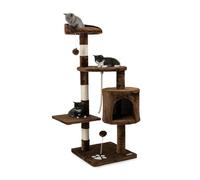 lionto Scratching tree for cats with 2 plush balls & play rope, height 112 cm, cat tree with sisal rope & plush, cozy lying area & cave, incl. wall mount, for small & large cats, brown