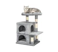 lionto Cat Tree with Platform, 2 Caves, Sisal, Height 80 cm, Light Grey | Small Cat Tower with large cat bed, plush ball and 2 caves for climbing, hiding, resting and claw care, for indoor cats