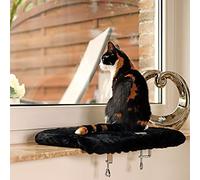 lionto Cat Window Bed, Soft Plush Cat Bed, up to 15 kg, Black | Padded plush cat window bed for windowsills, secure mounting without drilling and removable washable cover for cats