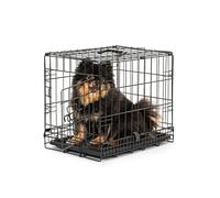 lionto Pet transport box for dogs and cats, multifunctional transport cage with hygienic plastic tray, 45x31x36 cm, metal dog box with sturdy safety catches & partition wall, black