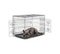 lionto Dog and Cat Crate, Foldable, 76 x 49 x 56 cm, Black | Metal pet crate with plastic tray, divider and secure safety locks for car travel, trips, crate training and vet visits
