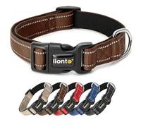 lionto Dog collar made of durable nylon, size M, soft padded collar for dogs, 360° reflective & click fastener, metal ring & adjustment with stepless slider, brown