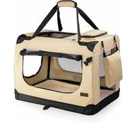lionto Dog transport box foldable for travel & car, 101x69x70 cm, sturdy transport box with carrying handles & blanket for cats & dogs up to 25 kg, sturdy fabric dog box for small & large, beige