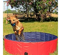 lionto Foldable dog pool made of scratch-resistant PVC material, Ø 80 cm, height 20 cm, anti-slip coating & drain plug for quick emptying, no pump required, robust children's pool, blue/red