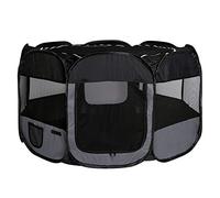 lionto Puppy run made of Oxford fabric & breathable mesh, foldable, Ø 110 cm, height 64 cm, playpen for indoor & outdoor use with 2 entrances, pop-up system, incl. carrying bag & pegs, black/grey