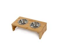 lionto Raised dog bowl out of robust & easy-care bamboo, 40x20x10 cm, double food bowl for dogs & cats, 2 stainless steel bowls Ø 11 cm & 350 ml capacity each, non-slip & easy on the joints