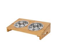 lionto Raised Dog Bowl Feeding Station for Dogs and Cats Bamboo 2 Bowls Stainless Steel Double Bowl