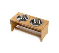 lionto Raised dog bowl out of robust & easy-care bamboo, 44x20x19 cm, double food bowl for dogs & cats, 2 stainless steel bowls Ø 14 cm & 550 ml capacity each, non-slip & easy on the joints