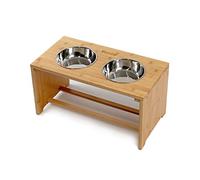lionto Raised dog bowl out of robust & easy-care bamboo, 50x26x26 cm, double food bowl for dogs & cats, 2 stainless steel bowls Ø 18 cm & 1,2 L capacity each, non-slip & easy on the joints