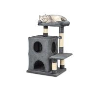 lionto Scratching tree for cats with 2 caves & cozy lying area, height 80 cm, cat tree with plush ball incl. bell, with sisal rope & plush, suitable for small & large cats, dark grey