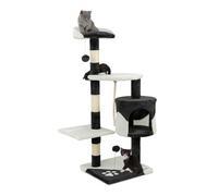 lionto Scratching tree for cats with 2 plush balls & play rope, height 112 cm, cat tree with sisal rope & plush, cozy lying area & cave, incl. wall mount, for small & large cats, black/white