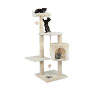 lionto Scratching tree for cats with 2 plush balls & play rope, height 112 cm, cat tree with sisal rope & plush, cozy lying area & cave, incl. wall mount, for small & large cats, beige/white
