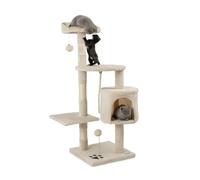 lionto Scratching tree for cats with 2 plush balls & play rope, height 112 cm, cat tree with sisal rope & plush, cozy lying area & cave, incl. wall mount, for small & large cats, beige