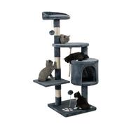 lionto Scratching tree for cats with 2 plush balls & play rope, height 112 cm, cat tree with sisal rope & plush, cozy lying area & cave, incl. wall mount, for small & large cats, grey
