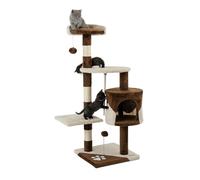 lionto Scratching tree for cats with 2 plush balls & play rope, height 112 cm, cat tree with sisal rope & plush, cozy lying area & cave, incl. wall mount, for small & large cats, brown/beige