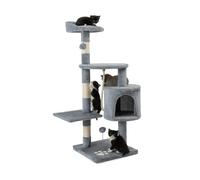 lionto Scratching tree for cats with 2 plush balls & play rope, height 112 cm, cat tree with sisal rope & plush, cozy lying area & cave, incl. wall mount, for small & large cats, light grey