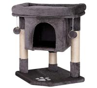 lionto Scratching tree for cats with cave & 2 plush balls incl. bells, height 60 cm, cat tree with robust sisal rope & soft plush, cozy lying surface, for small & large cats, dark grey