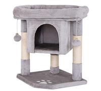 lionto Scratching tree for cats with cave & 2 plush balls incl. bells, height 60 cm, cat tree with robust sisal rope & soft plush, cozy lying surface, for small & large cats, light grey