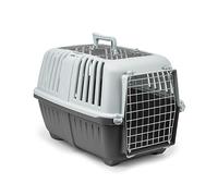 lionto Transport Box 58.5 x 35.5 x 40 cm, Plastic with Metal Grid, with Handle and Closure, for Dogs, Cats and Small Animals up to 15 kg, Grey