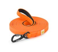 lionto Weatherproof Recall Lead with 360° Safety Carabiner, 10 m, with Bag and Padded Hand Loop, Robust Nylon Fabric Dog Lead with PVC Coating for Dog Training, Orange