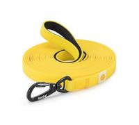 lionto Weatherproof Recall Lead with 360° Safety Carabiner, 10 m, with Bag and Padded Hand Loop, Robust Nylon Fabric Dog Lead with PVC Coating for Dog Training, Yellow